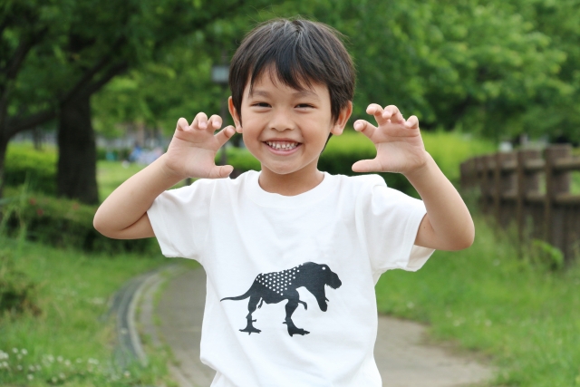 恐竜柄のTシャツを着た男の子